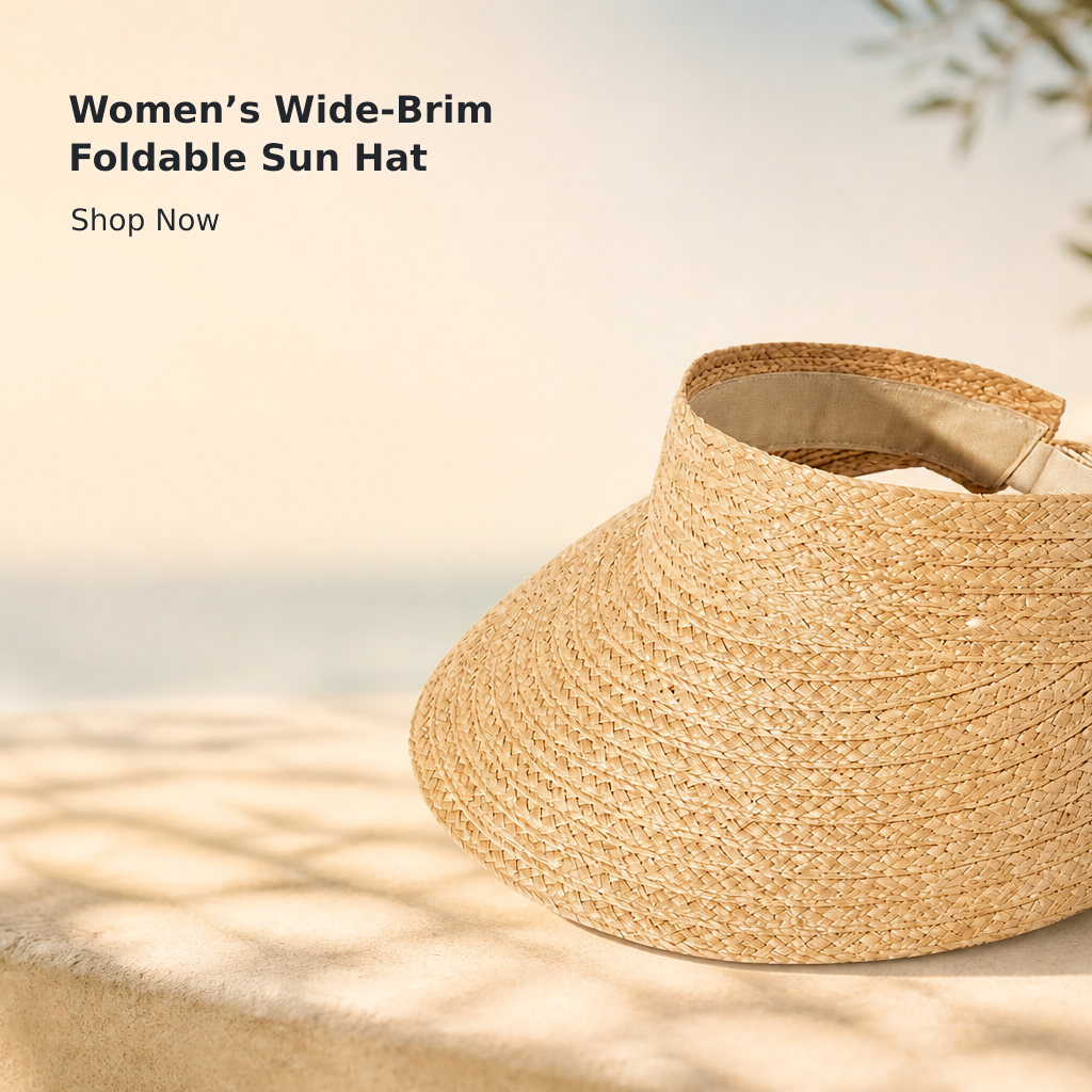 Women’s Wide-Brim Foldable Straw Sun Hat with Ponytail Opening
