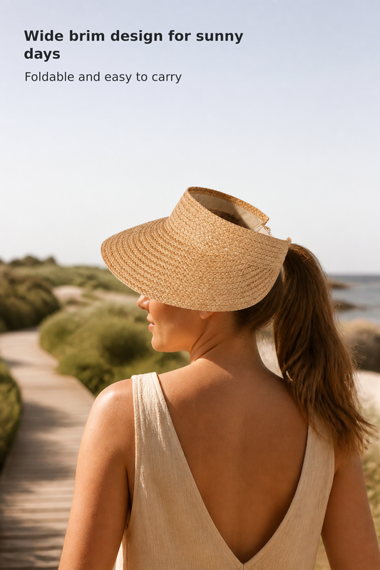 Women’s Wide-Brim Foldable Straw Sun Hat with Ponytail Opening