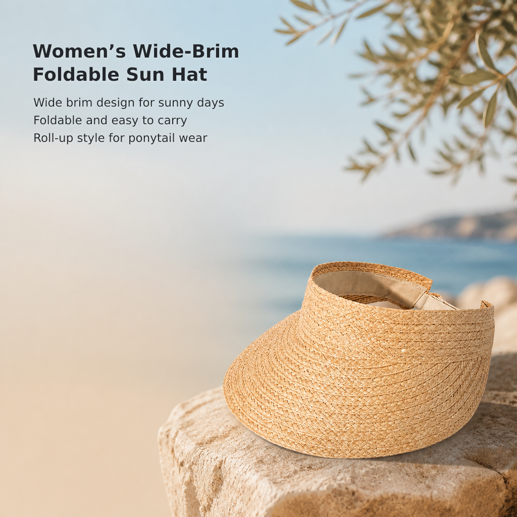 Women’s Wide-Brim Foldable Straw Sun Hat with Ponytail Opening