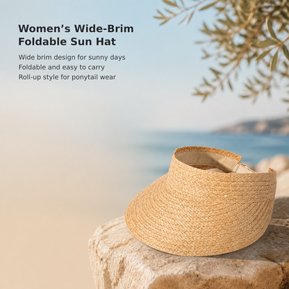 Women’s Wide-Brim Foldable Straw Sun Hat with Ponytail Opening