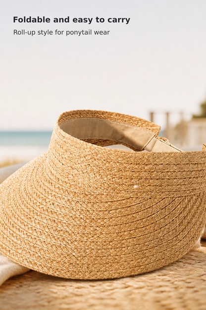 Women’s Wide-Brim Foldable Straw Sun Hat with Ponytail Opening